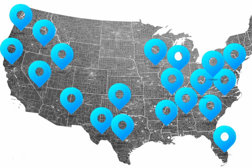 Map of the United States with 20 markers indicating Salesupply's logistics centers